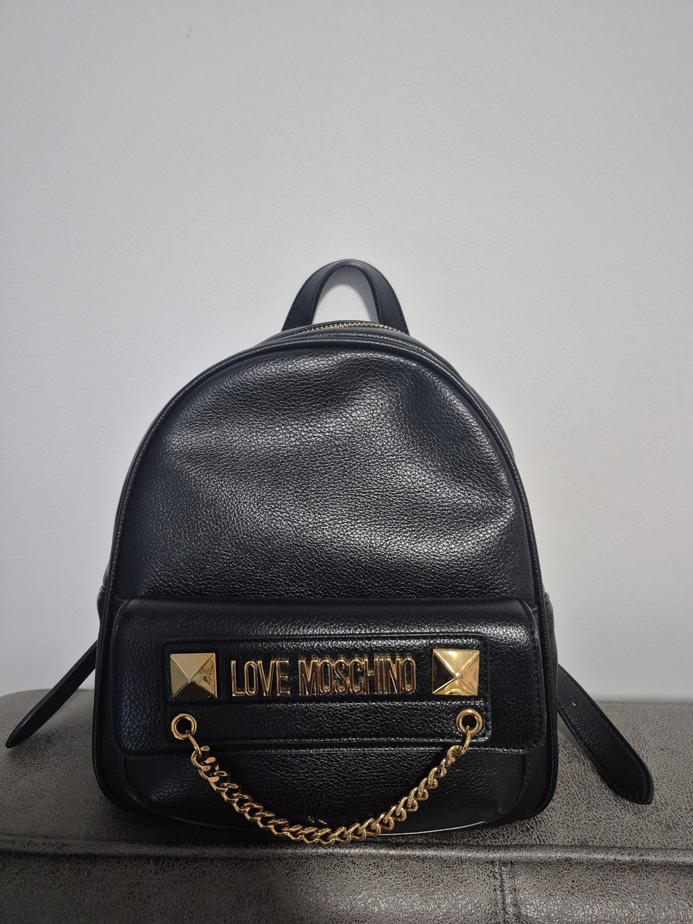 Love Moschino Black Pebbled Leather Mini Backpack with Gold Chain